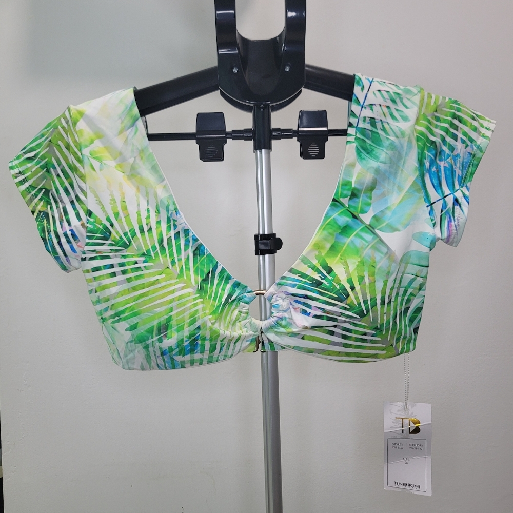 NWT TiniBikini Swim Top With Cap Sleeves Tropical Green Leaf Print - XL